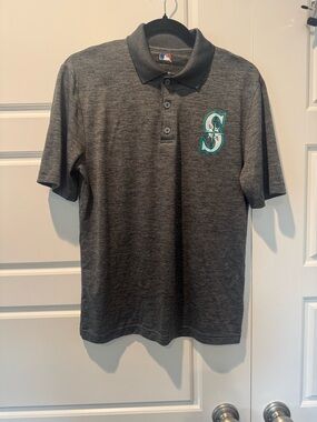 MLB Seattle Mariners Heather Grey Athletic Polo Logo Baseball Mens Size Small